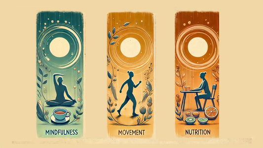 A Wisdom Formula to help busy people have more wellness. It shows someone meditating, moving their body and eating well.