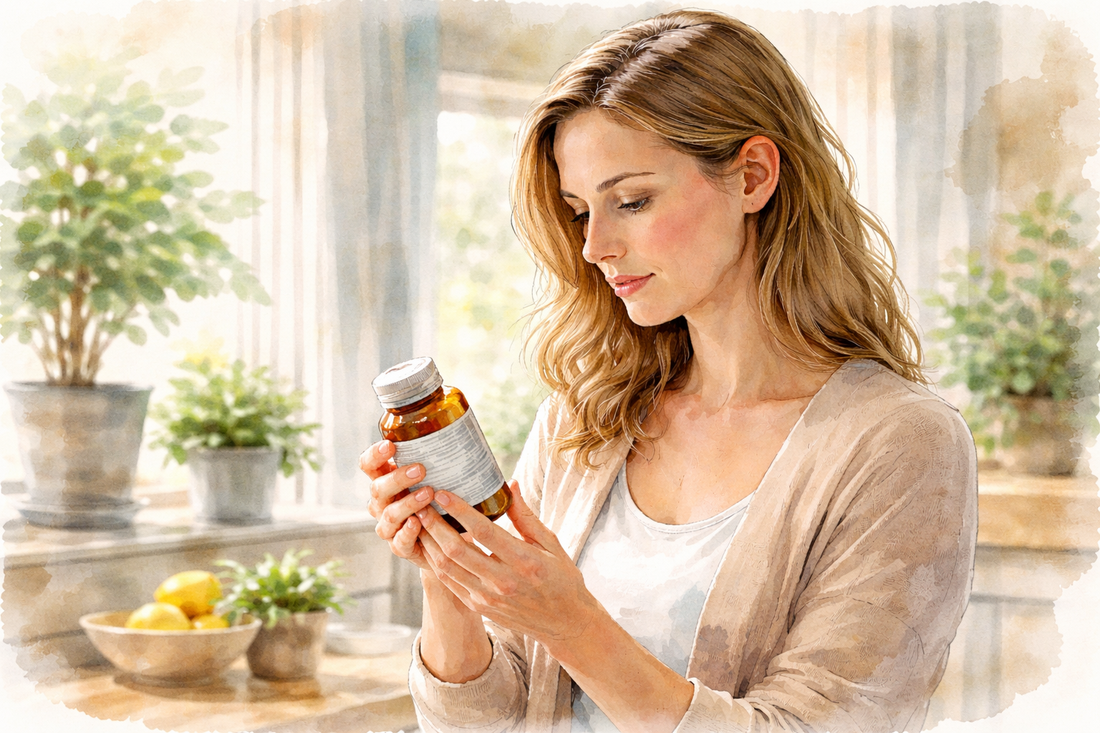Watercolour illustration of a woman thoughtfully reading an iron supplement bottle in a sunlit kitchen.